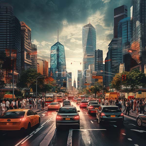 High Resolution: busy urban street with heavy traffic and tall, modern buildings. download. | HRJPG.com