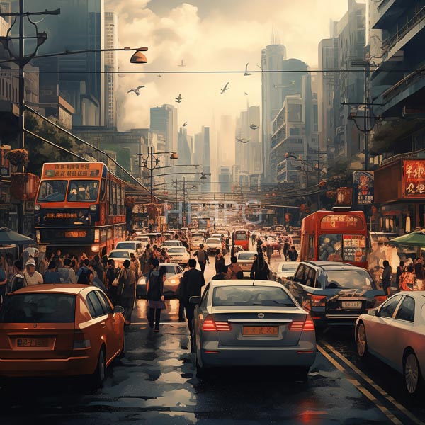 High Resolution: chaotic street scene with many cars and pedestrians in a dense city. download. | HRJPG.com