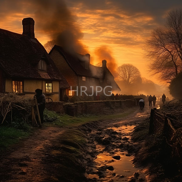 High Resolution: An old, rustic cottage at the end of a dirt path during a sunset. download. | HRJPG.com