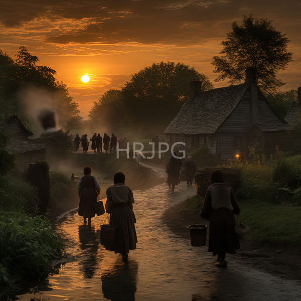 High Resolution: group of people walking on a muddy path in a rural village at sunset. download. | HRJPG.com