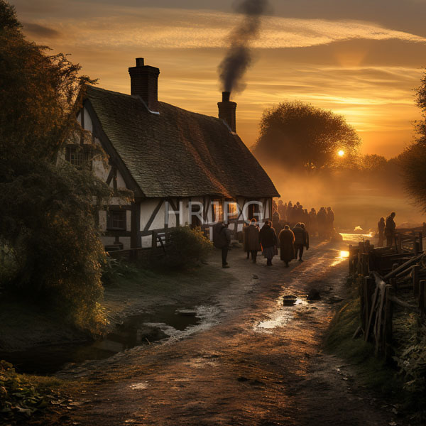 High Resolution: weathered farmhouse on a country path, bathed in the glow of the sunset. download. | HRJPG.com