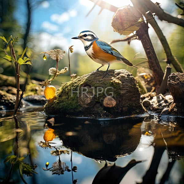 High Resolution: robin-like bird with colorful plumage, standing on a rock by a pond. download. | HRJPG.com
