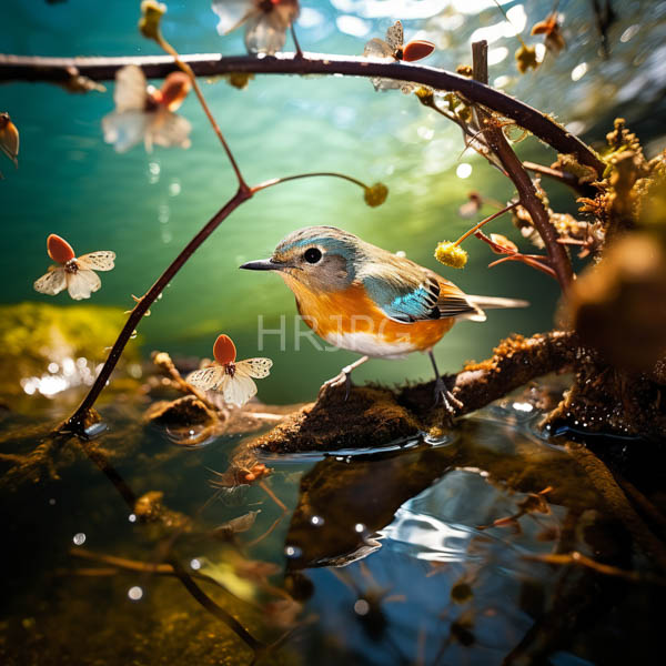 High Resolution: small, vibrant bird on a branch adorned with delicate cherry blossoms. download. | HRJPG.com