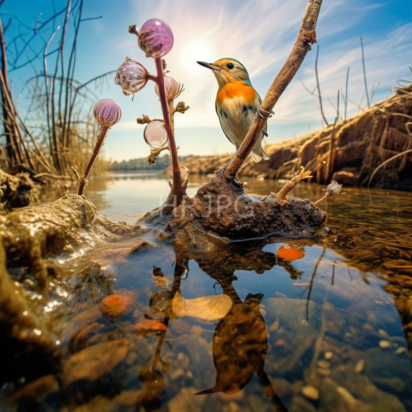High Resolution: fluffy bird with big eyes perched on a twig next to a flowing stream. download. | HRJPG.com