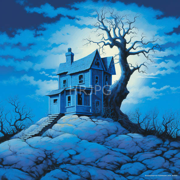 High Resolution: spooky, abandoned mansion on a gloomy hilltop with a full moon. download. | HRJPG.com