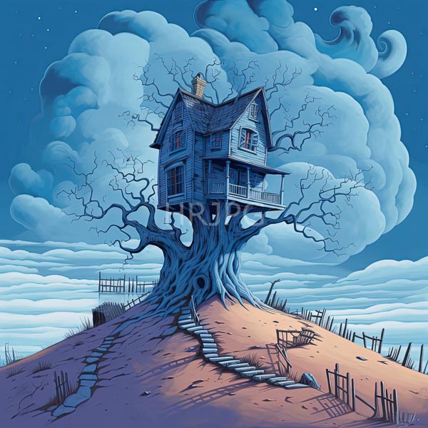 High Resolution: An illustration of a whimsical treehouse on a hill under a clear sky. download. | HRJPG.com