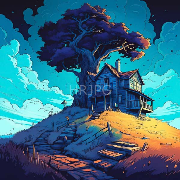 High Resolution: magical treehouse on a cliff with a grand, old-growth tree. download. | HRJPG.com