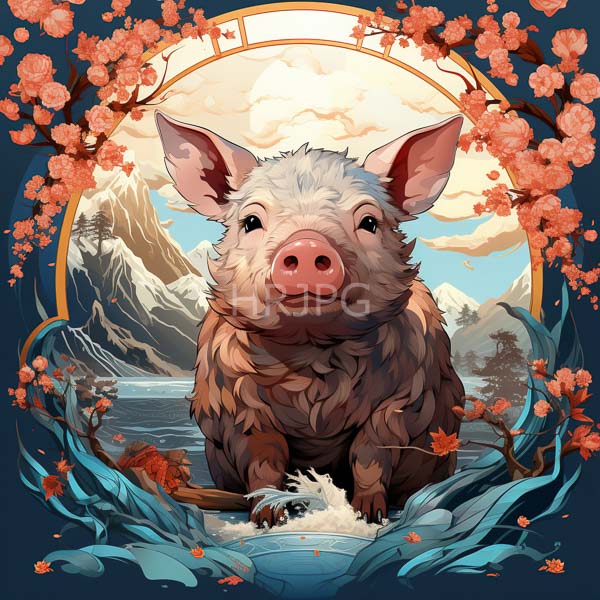 High Resolution: cute piglet sitting by a gentle river with floating cherry blossoms. download. | HRJPG.com
