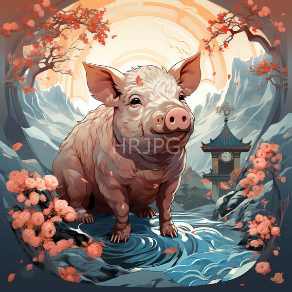 High Resolution: charming illustration of a pig by a stream with pink petals. download. | HRJPG.com