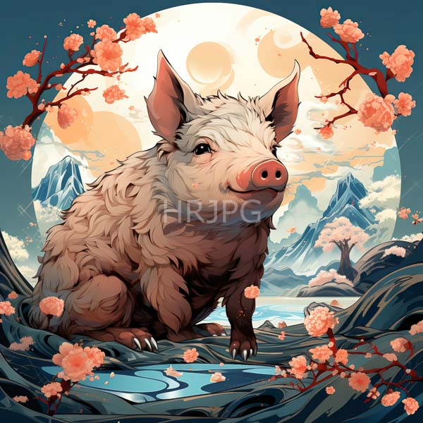 High Resolution: detailed drawing of a wild pig with its snout in a river. download. | HRJPG.com