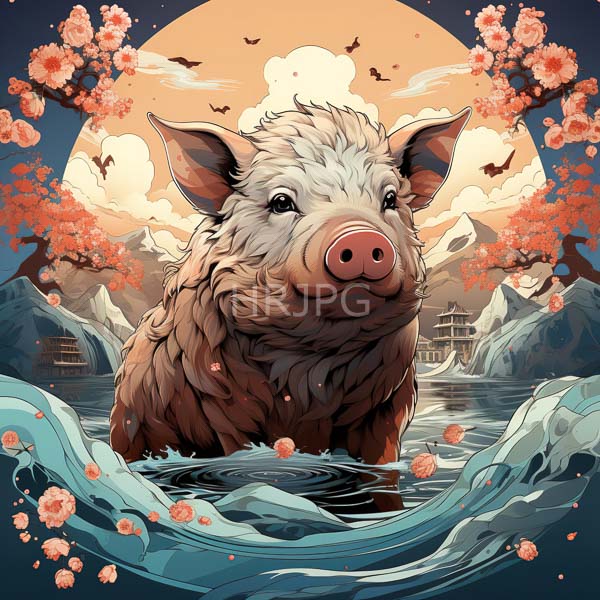High Resolution: An adorable pig sitting in a shallow stream surrounded by flowers. download. | HRJPG.com