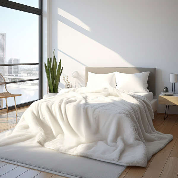 High Resolution: clean, tidy bedroom with a large window, a plant, and a comfortable bed. download. | HRJPG.com