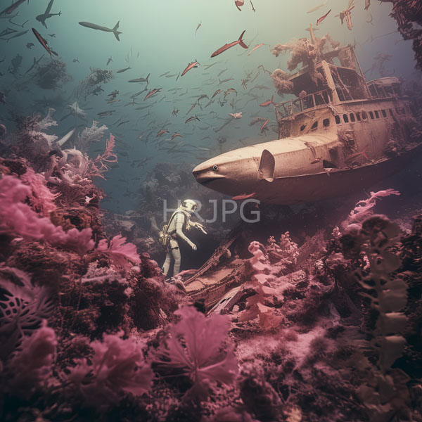 High Resolution: group of divers exploring a sunken shipwreck surrounded by coral and fish. download. | HRJPG.com
