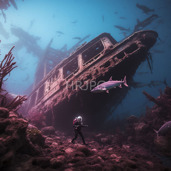 High Resolution: An underwater shot of divers inspecting a large, decaying shipwreck. download. | HRJPG.com