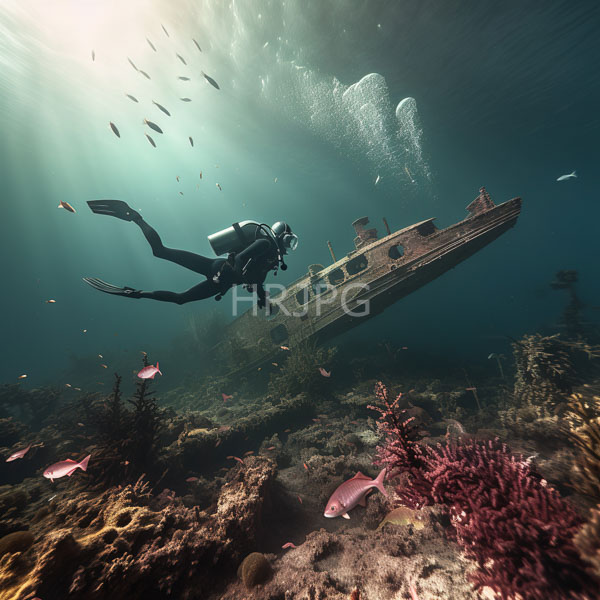 High Resolution: diver swimming past a sunken ship with a large hammerhead shark in the distance. download. | HRJPG.com