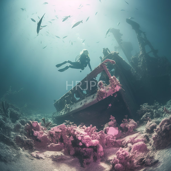 High Resolution: An atmospheric scene of divers and a shark near a massive shipwreck. download. | HRJPG.com