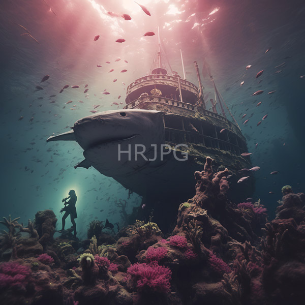 High Resolution: Divers near a dramatic shipwreck with a large, intimidating shark. download. | HRJPG.com