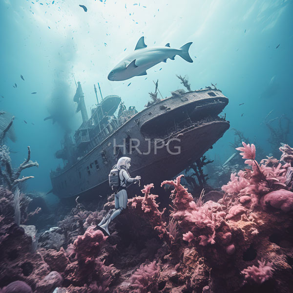 High Resolution: diver navigating through the remnants of a shipwreck with sharks. download. | HRJPG.com