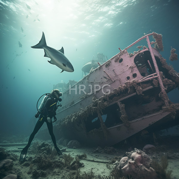 High Resolution: diver at the bow of a sunken ship, facing off with a large shark. download. | HRJPG.com