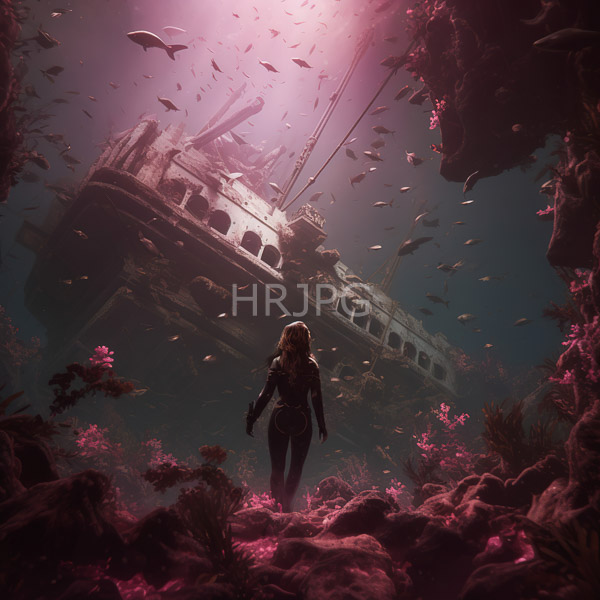 High Resolution: diver with a flashlight, exploring a shipwreck with a shark nearby. download. | HRJPG.com