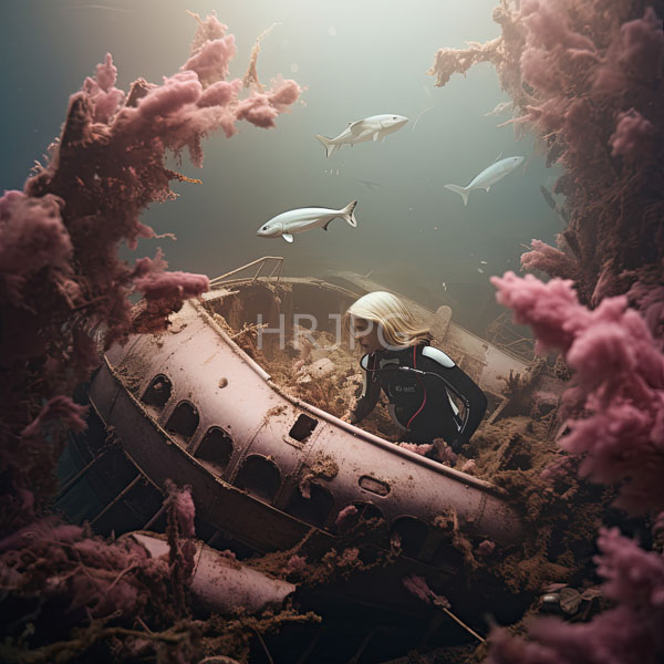 High Resolution: diver looking out from a porthole of a sunken ship at a large shark. download. | HRJPG.com