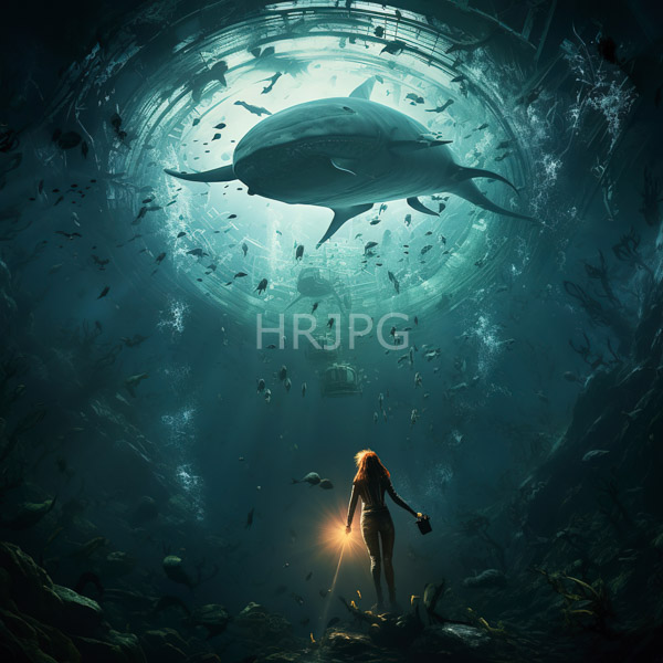 High Resolution: lone diver at the bottom of the ocean, facing a colossal shark from above. download. | HRJPG.com
