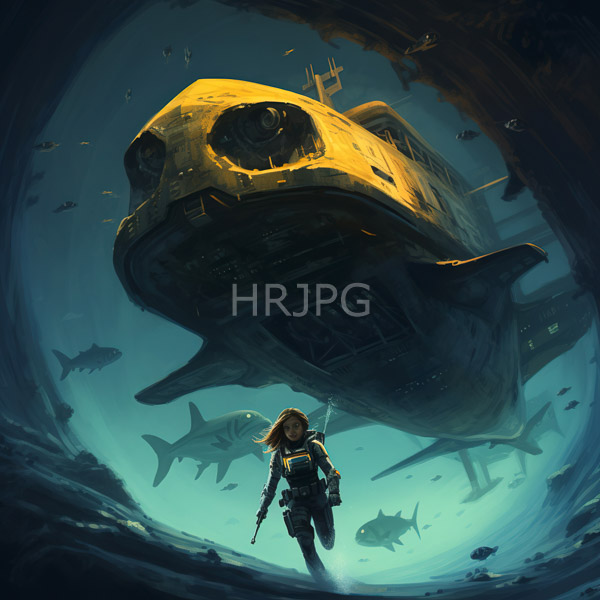 High Resolution: futuristic underwater explorer standing near a large shark. download. | HRJPG.com