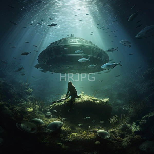 High Resolution: person in a diving suit observing a shark in the deep sea. download. | HRJPG.com