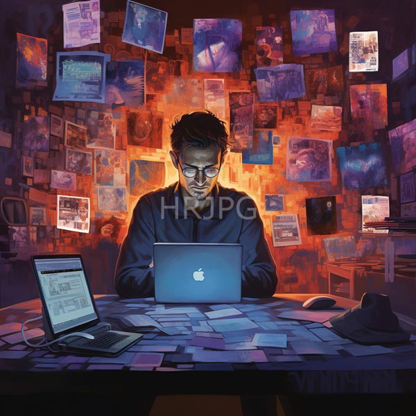 High Resolution: person working on a glowing laptop, surrounded by floating information panels. download. | HRJPG.com