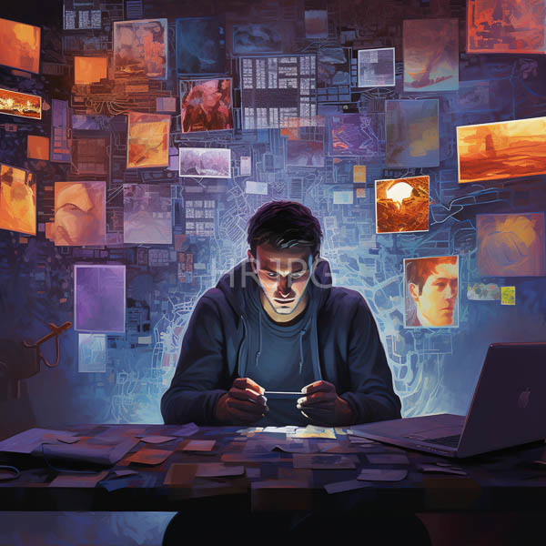 High Resolution: An exhausted man working on a laptop, surrounded by holographic screens. download. | HRJPG.com