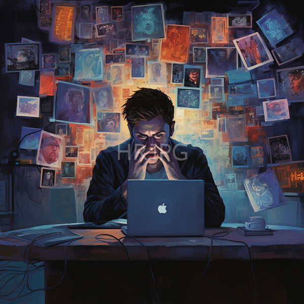 High Resolution: person working intensely at a computer, surrounded by a mess of data. download. | HRJPG.com