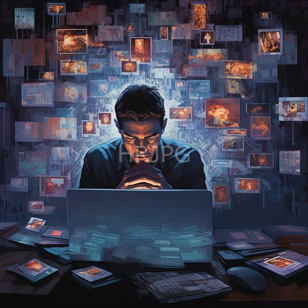 High Resolution: person using a laptop in a surreal, glowing office environment. download. | HRJPG.com