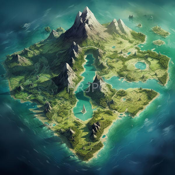 High Resolution: An artistic map of a mountainous island with lakes and coastlines. download. | HRJPG.com