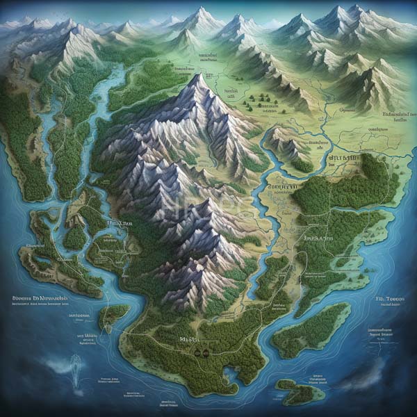 High Resolution: beautiful, hand-drawn fantasy map of a land with winding rivers. download. | HRJPG.com