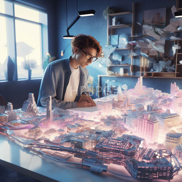 High Resolution: person working on a futuristic holographic city model. download. | HRJPG.com