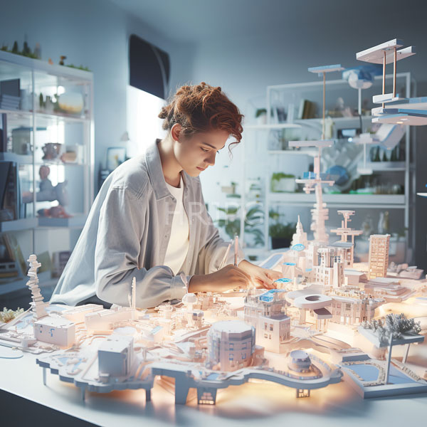 High Resolution: woman in a workshop, meticulously building a complex futuristic city model. download. | HRJPG.com