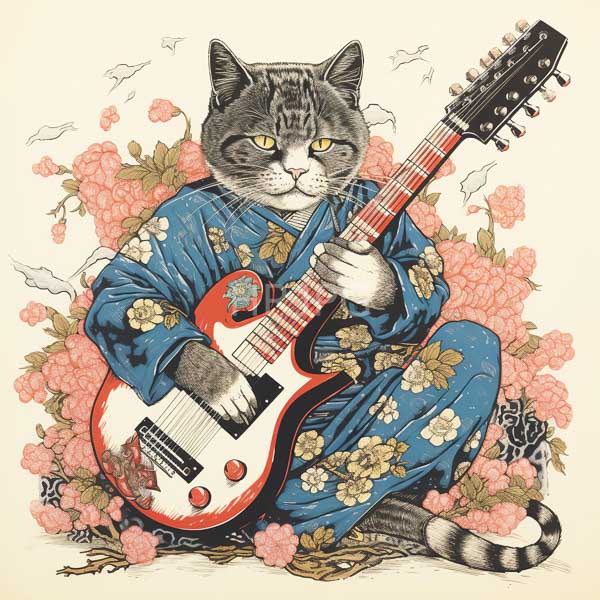 High Resolution: whimsical painting of a cat in traditional Japanese attire playing a guitar. download. | HRJPG.com
