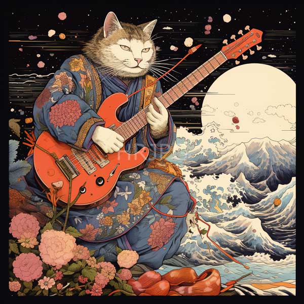 High Resolution: An artistic portrayal of a cat in a kimono, playing a guitar by the sea. download. | HRJPG.com