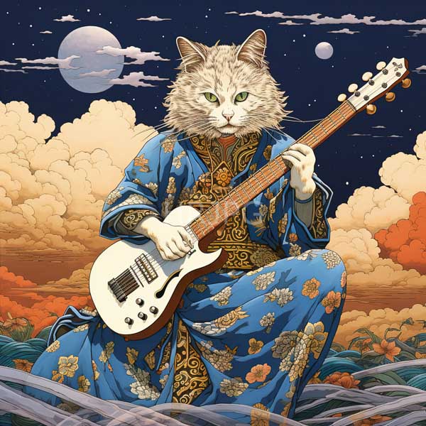 High Resolution: stylized painting of a cool cat in a kimono playing an electric guitar. download. | HRJPG.com