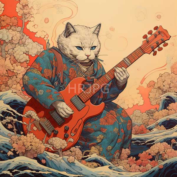 High Resolution: detailed illustration of a cat in a kimono playing a red guitar. download. | HRJPG.com