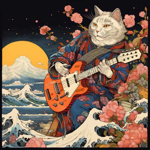 High Resolution: vibrant artistic painting of a cat playing a guitar under the moon. download. | HRJPG.com