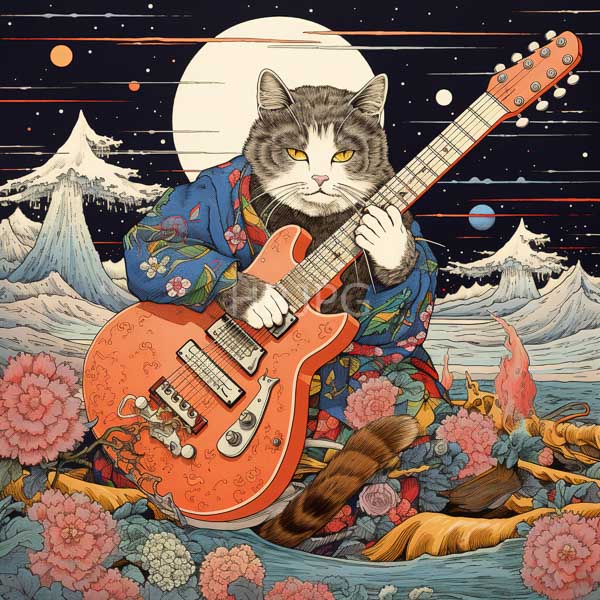 High Resolution: charming illustration of a cat in a kimono, serenading with a guitar. download. | HRJPG.com