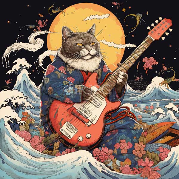High Resolution: portrait of a cat in Japanese clothing playing a guitar at night. download. | HRJPG.com