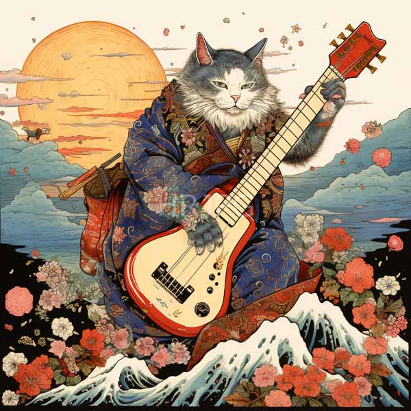High Resolution: Japanese-style painting of a feline in a kimono playing a guitar. download. | HRJPG.com