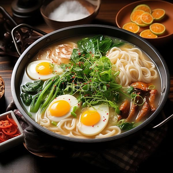 High Resolution: bowl of authentic, steaming ramen with eggs and fresh greens. download. | HRJPG.com