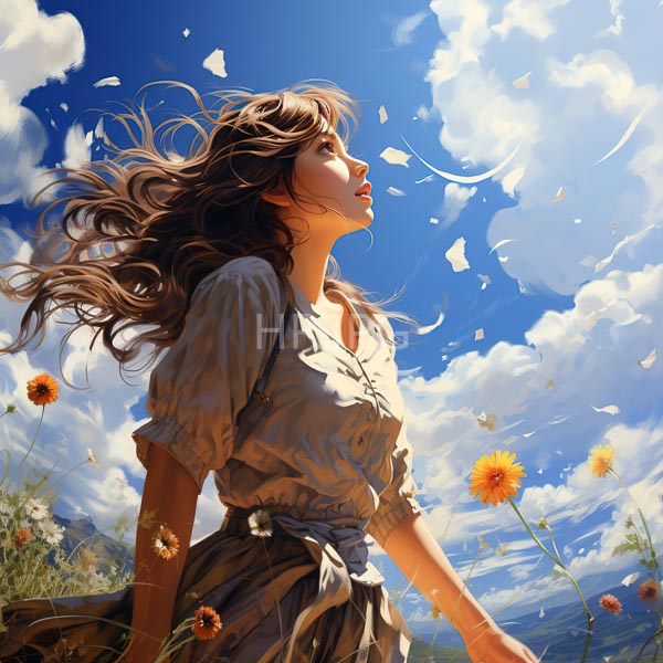 High Resolution: young woman with long, curly hair, enjoying a sunny day outdoors. download. | HRJPG.com
