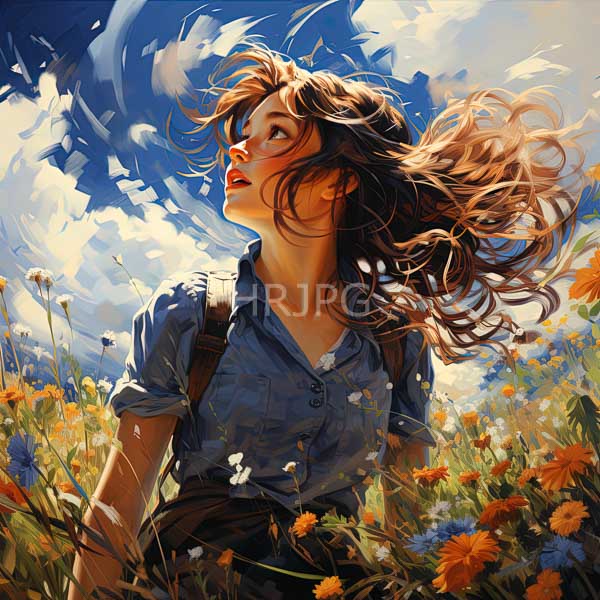 High Resolution: woman with windswept hair and a bright smile, walking through a field. download. | HRJPG.com