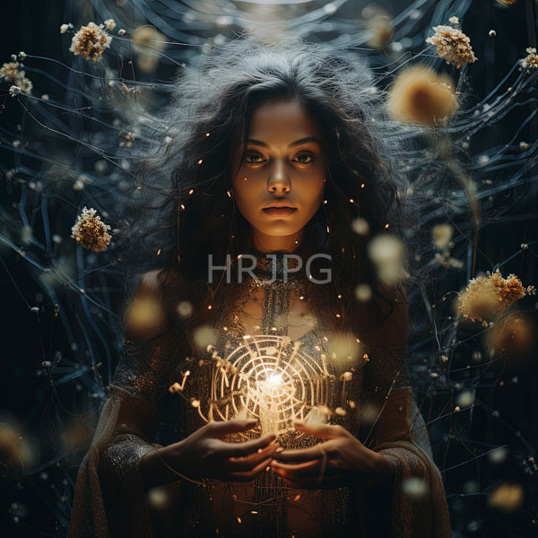 High Resolution: woman holding a mystical, glowing orb surrounded by glowing lights. download. | HRJPG.com