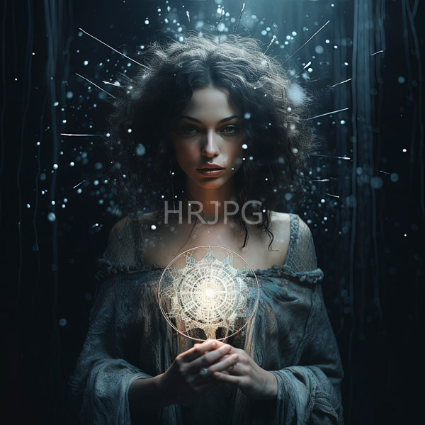 High Resolution: woman with curly hair, holding a glowing sphere of light. download. | HRJPG.com