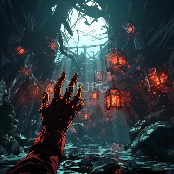 High Resolution: dark, shadowy hand reaching for a cluster of glowing lanterns. download. | HRJPG.com